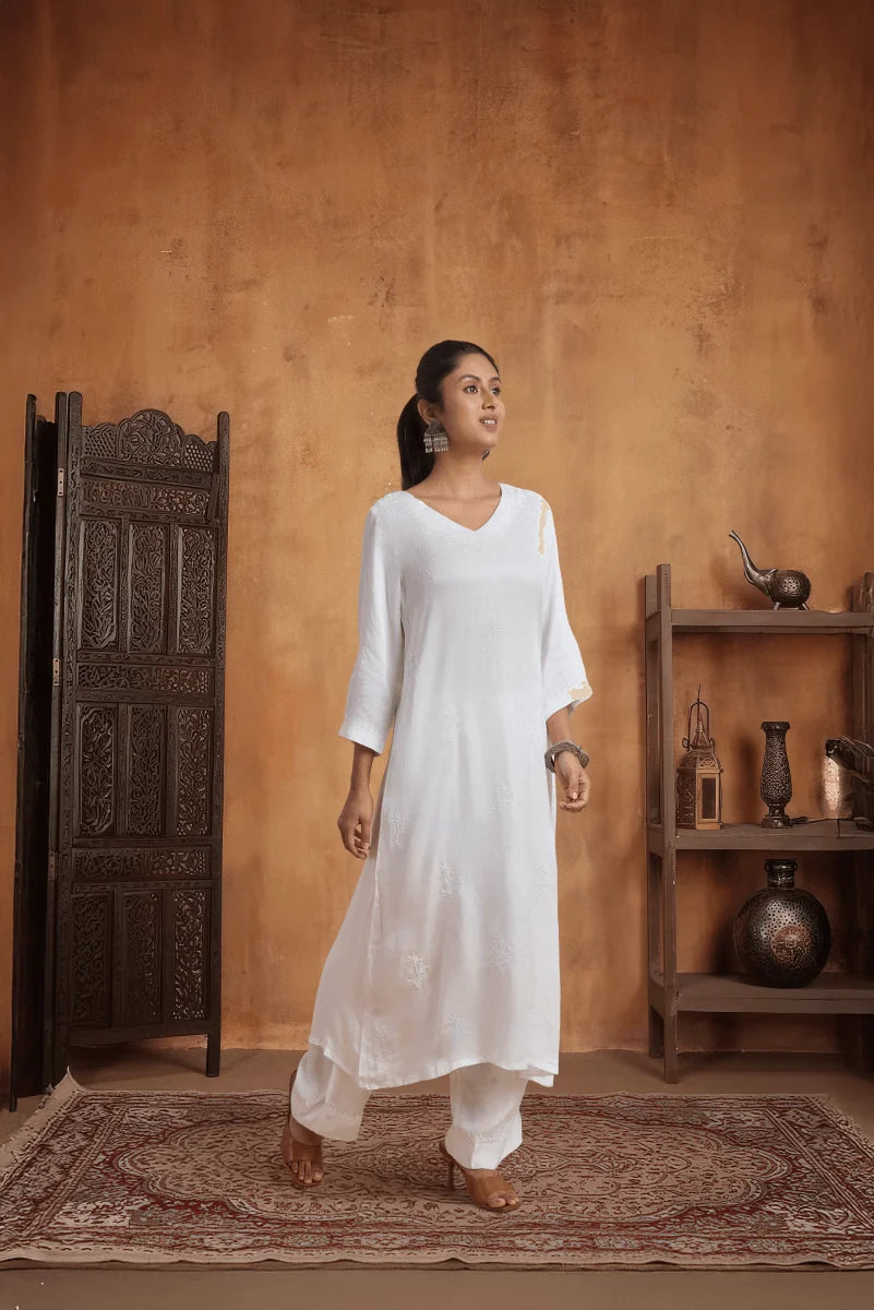 Modal Satin white kurta with murri work