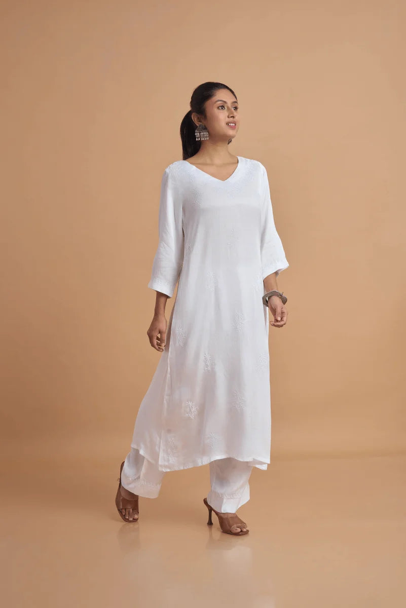 Modal Satin white kurta with murri work