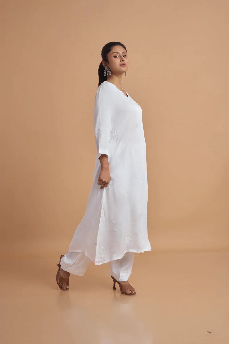 Modal Satin white kurta with murri work