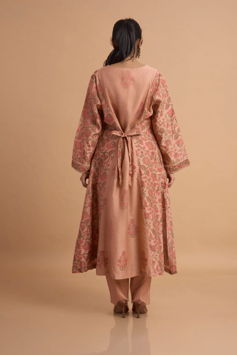 Rust Rose Chanderi Kurta Pant Set with Hand Block Print & Adda Embroidery