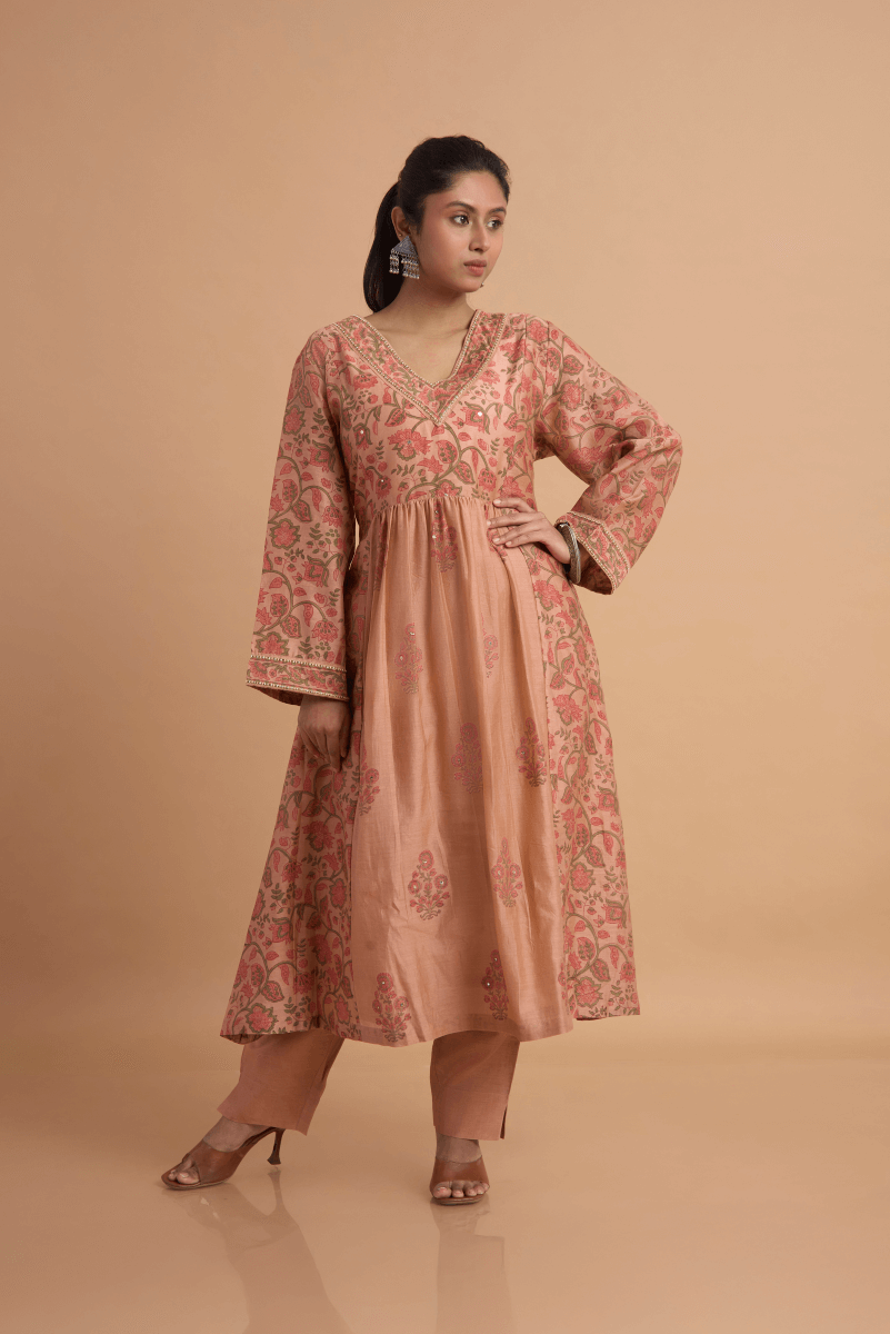 Rust Rose Chanderi Kurta Pant Set with Hand Block Print & Adda Embroidery