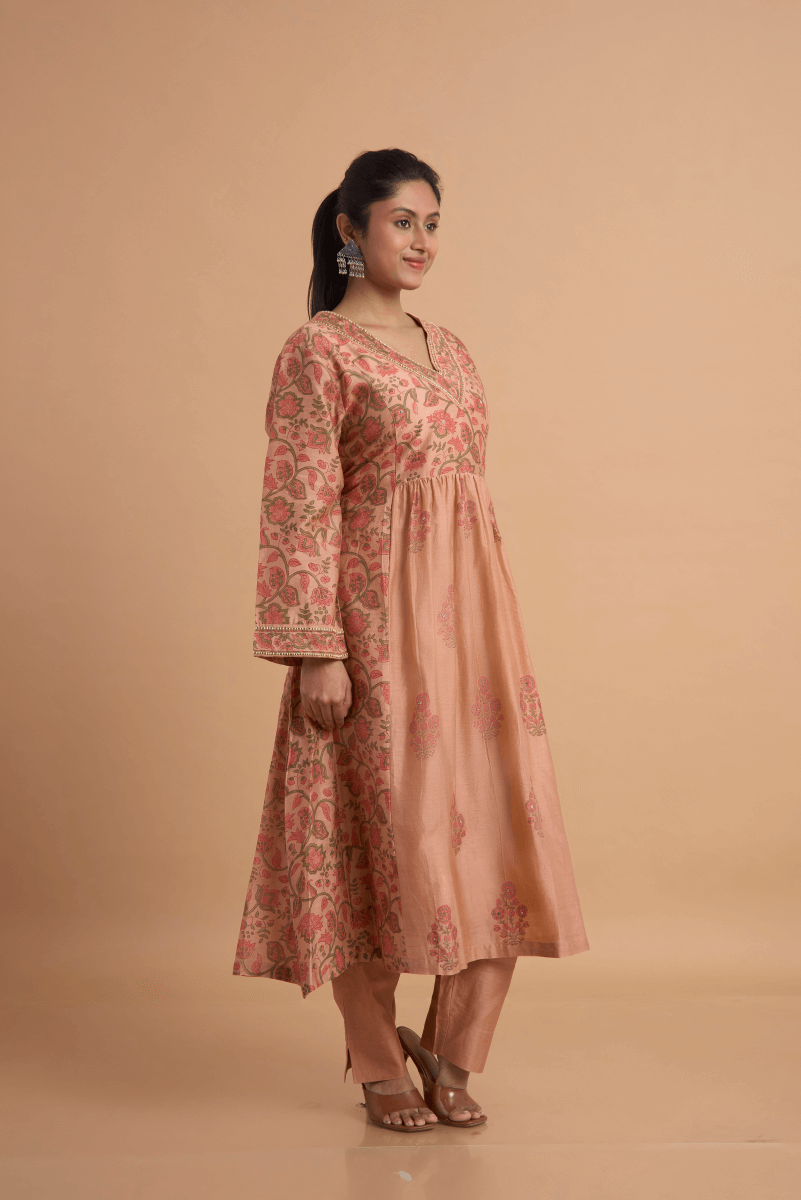 Rust Rose Chanderi Kurta Pant Set with Hand Block Print & Adda Embroidery