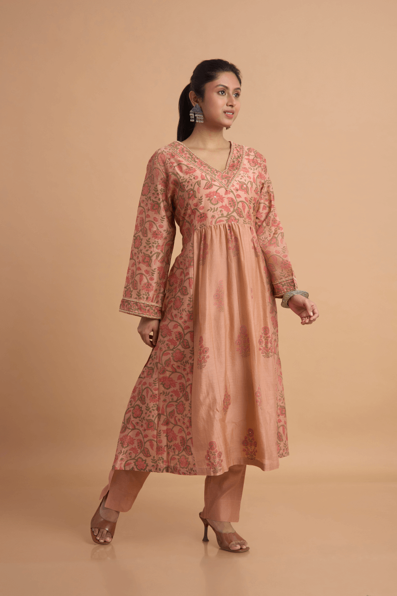 Rust Rose Chanderi Kurta Pant Set with Hand Block Print & Adda Embroidery