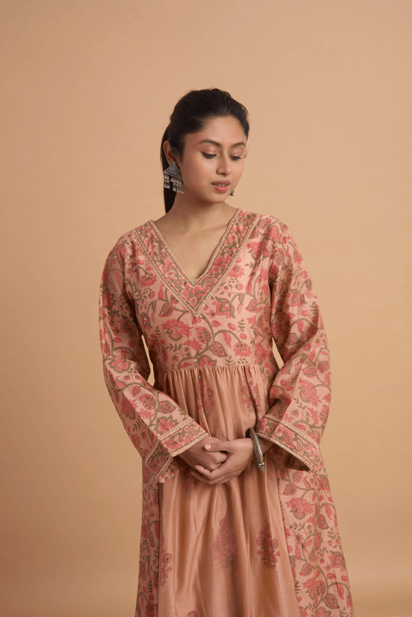 Rust Rose Chanderi Kurta Pant Set with Hand Block Print & Adda Embroidery