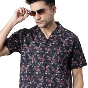JOVEN Men's Half Sleeve Navy Blue Printed Shirt