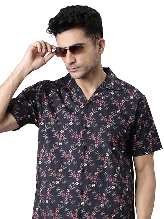 JOVEN Men's Half Sleeve Navy Blue Printed Shirt