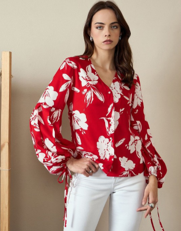 Floral Print Bishop Sleeves Crepe Top