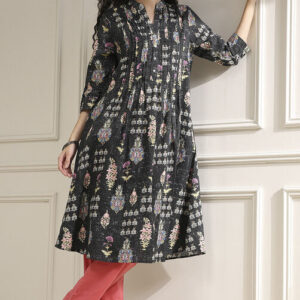 Black Cotton Printed A-Line Kurta
