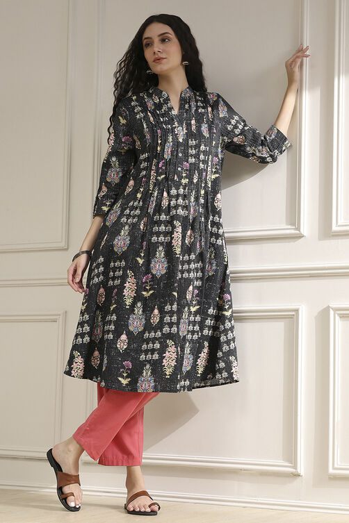 Black Cotton Printed A-Line Kurta