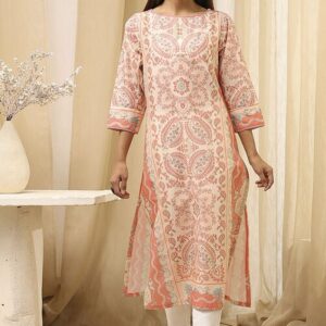 Peach-Colored Cotton Printed Straight Kurta