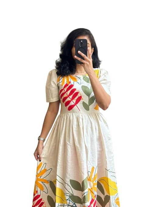 Eightone Women Floral Print Cotton Midi Dress, Short Sleeve, White with Yellow and Red Flowers