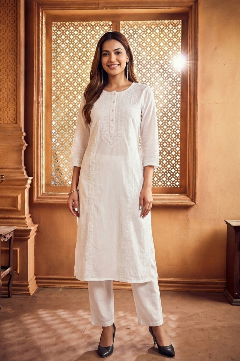 White Cotton Slub Kurta Set with Hand Chikan Embroidery