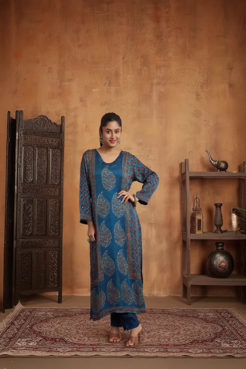 Indigo Hand Ajrakh Placement Print Kurta Set in Modal Satin