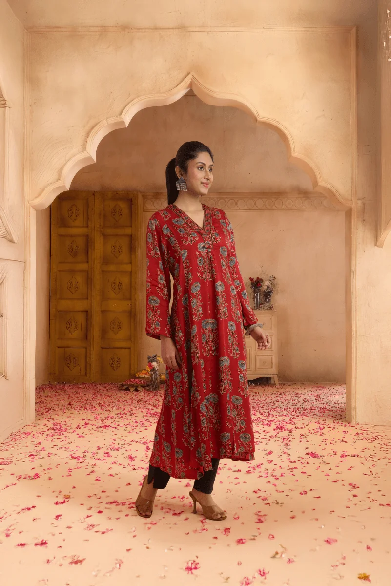 Rust Red Hand Ajrakh Print Kurta in Modal Satin