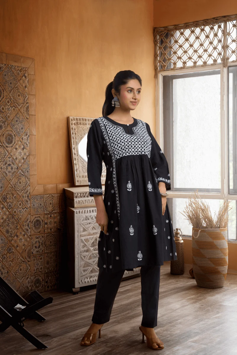 Black Cotton Slub Top with Hand Chikan Embroidery