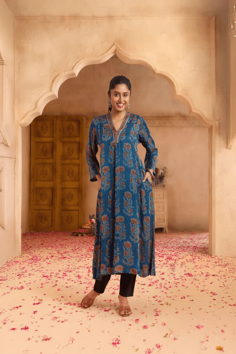 Rust Red Hand Ajrakh Print Kurta in Modal Satin