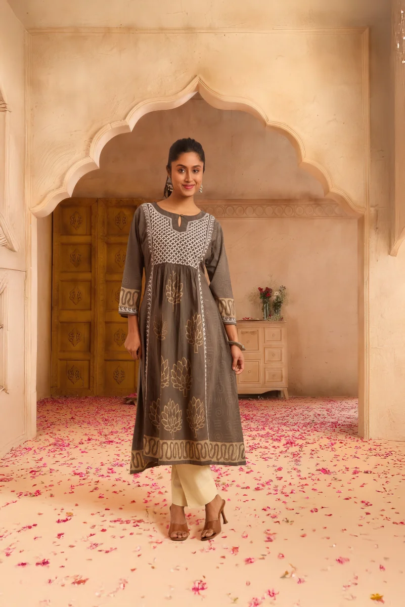 Earthy Dabu Cotton Dress with Hand Block Placement Print & Chikan Thread Detailing