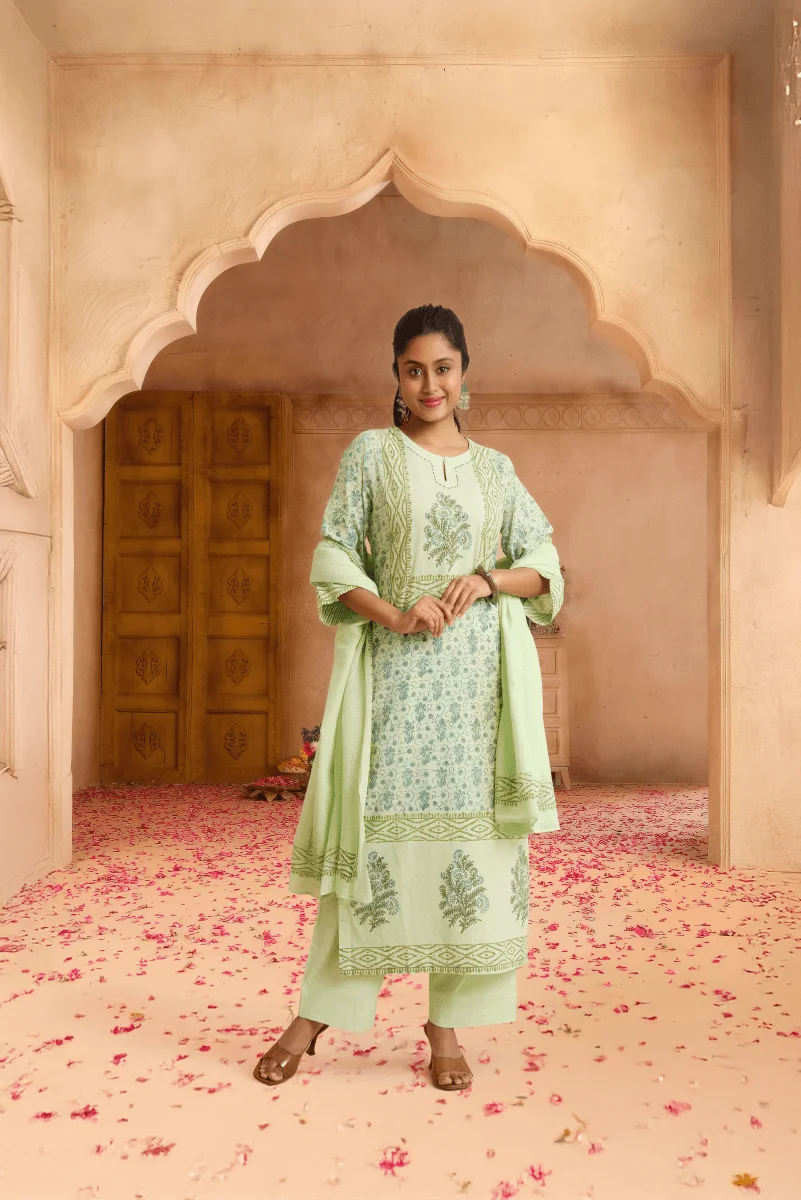 Mint Green Hand Block Placement Print Suit Set with Adda Embroidery