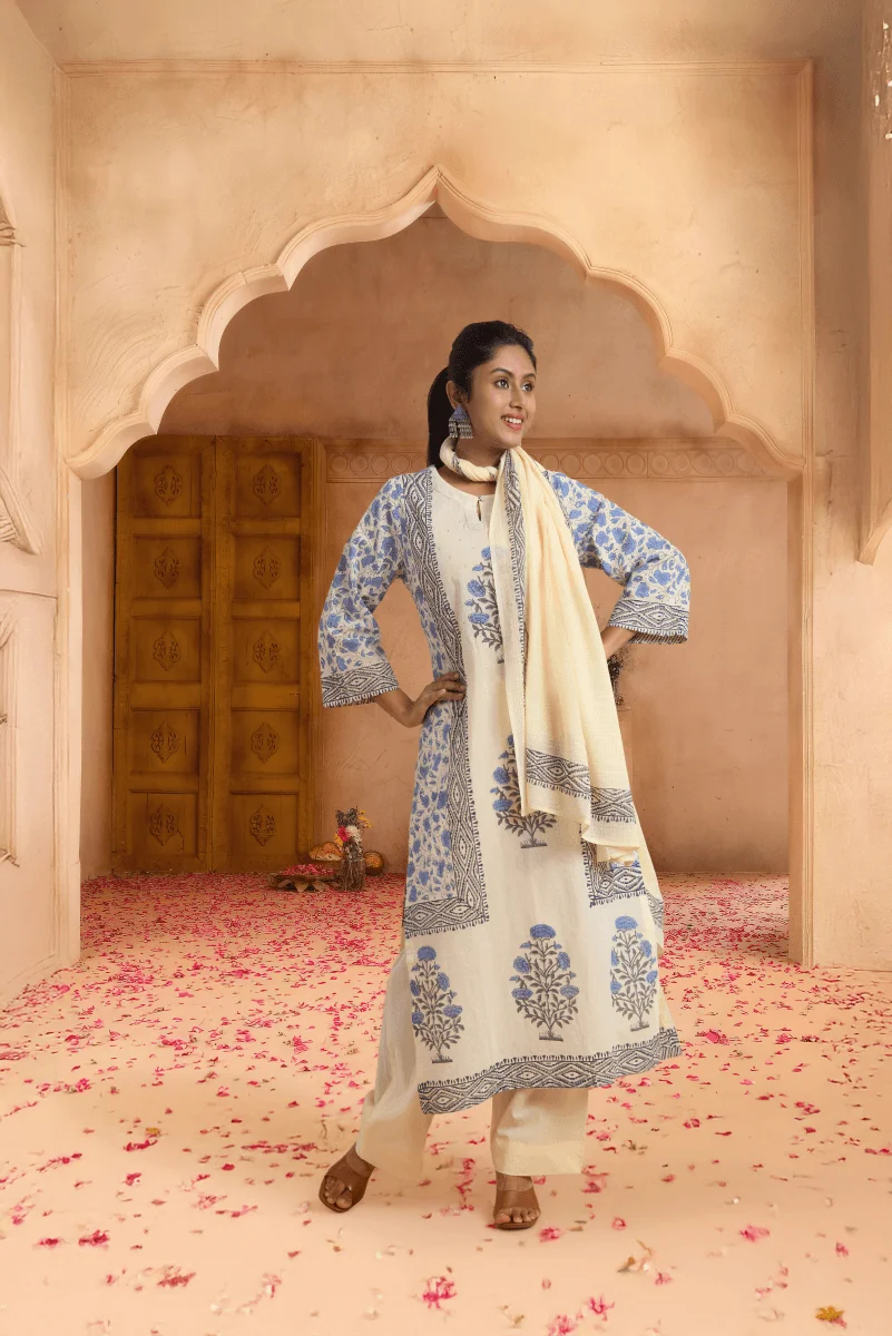 Off White Hand Block Placement Print Suit Set with Adda Embroidery