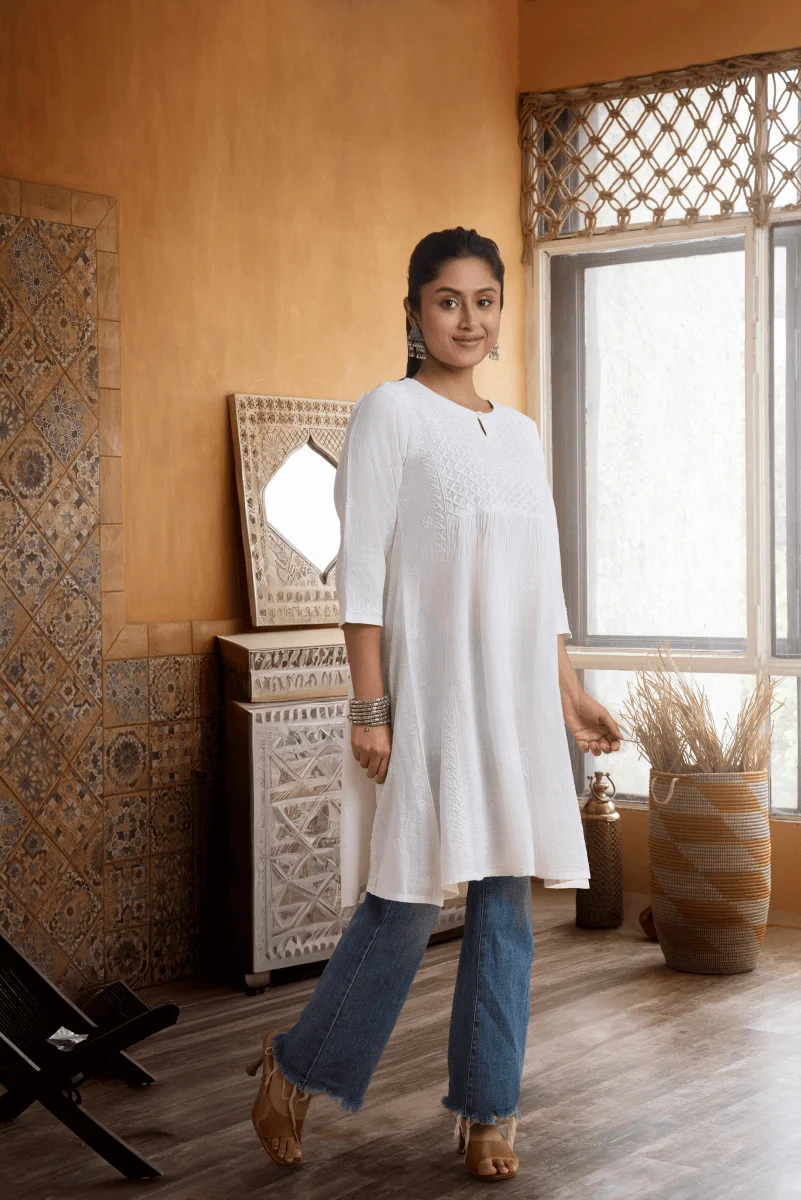 White Cotton Slub Top with Hand Chikan Embroidery