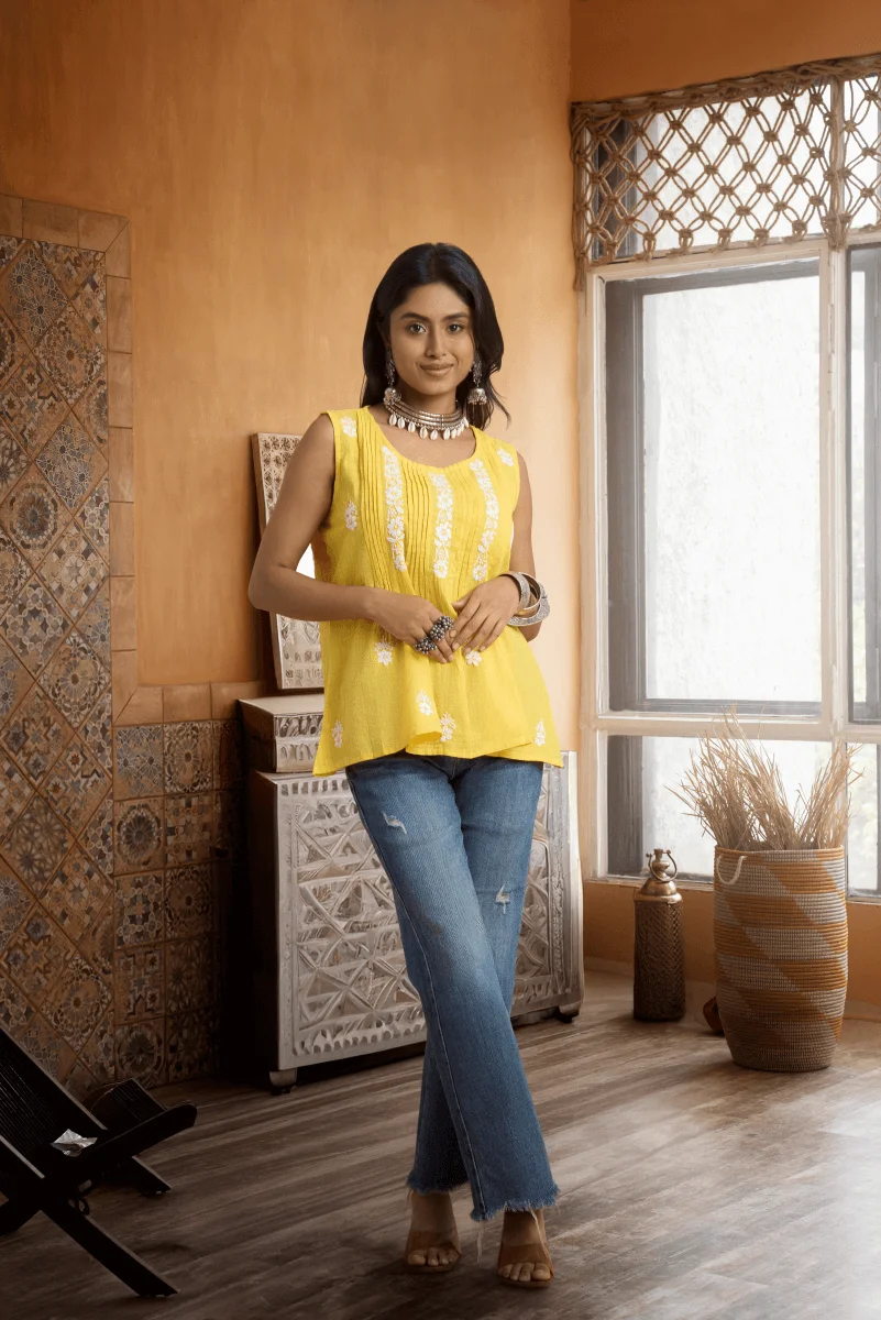 Yellow Cotton Slub Top with Hand Chikan Embroidery