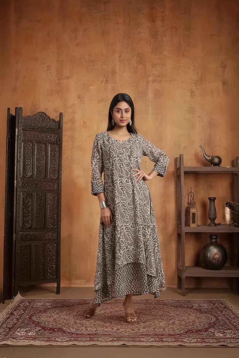 Kashish Double-Layered Hand Block Print Dress in Cotton Mull