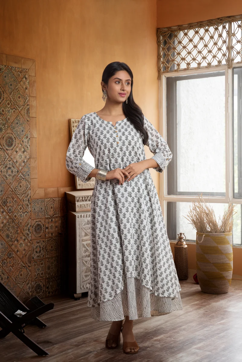 Hand Block Printed – 100% Cotton Mulmul Double Layered Dress