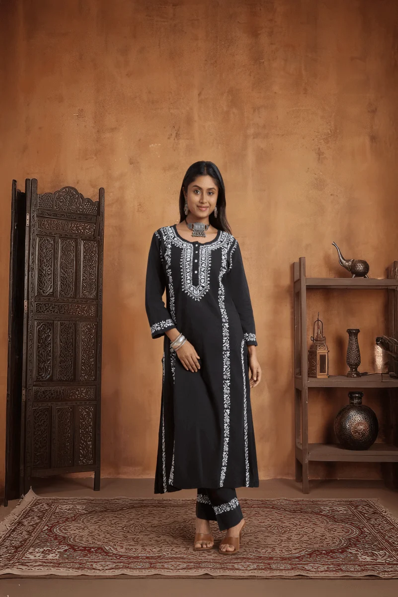 Black Cotton Slub Kurta Set with Hand Chikan Embroidery