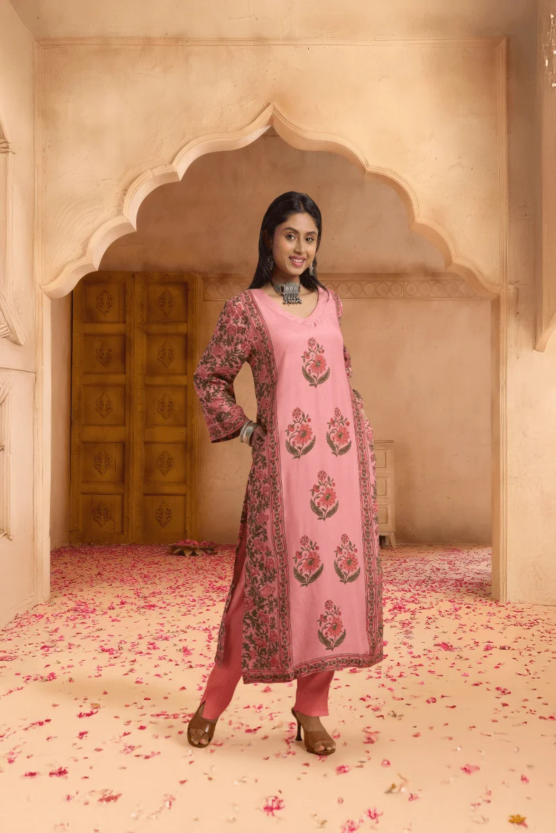 Rose Pink Muslin Satin Kurta Set with Hand Block Placement Print & Adda Embroidery