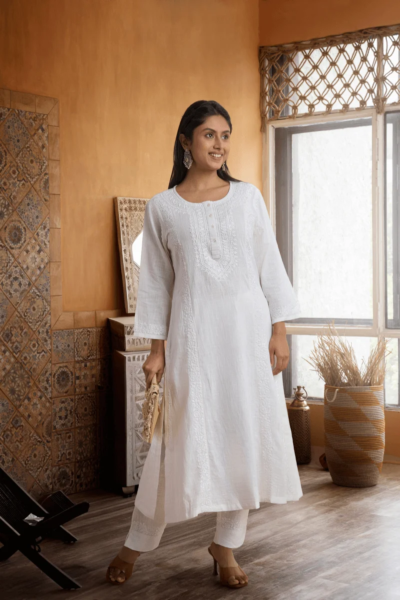 White Cotton Slub Kurta Set with Hand Chikan Embroidery