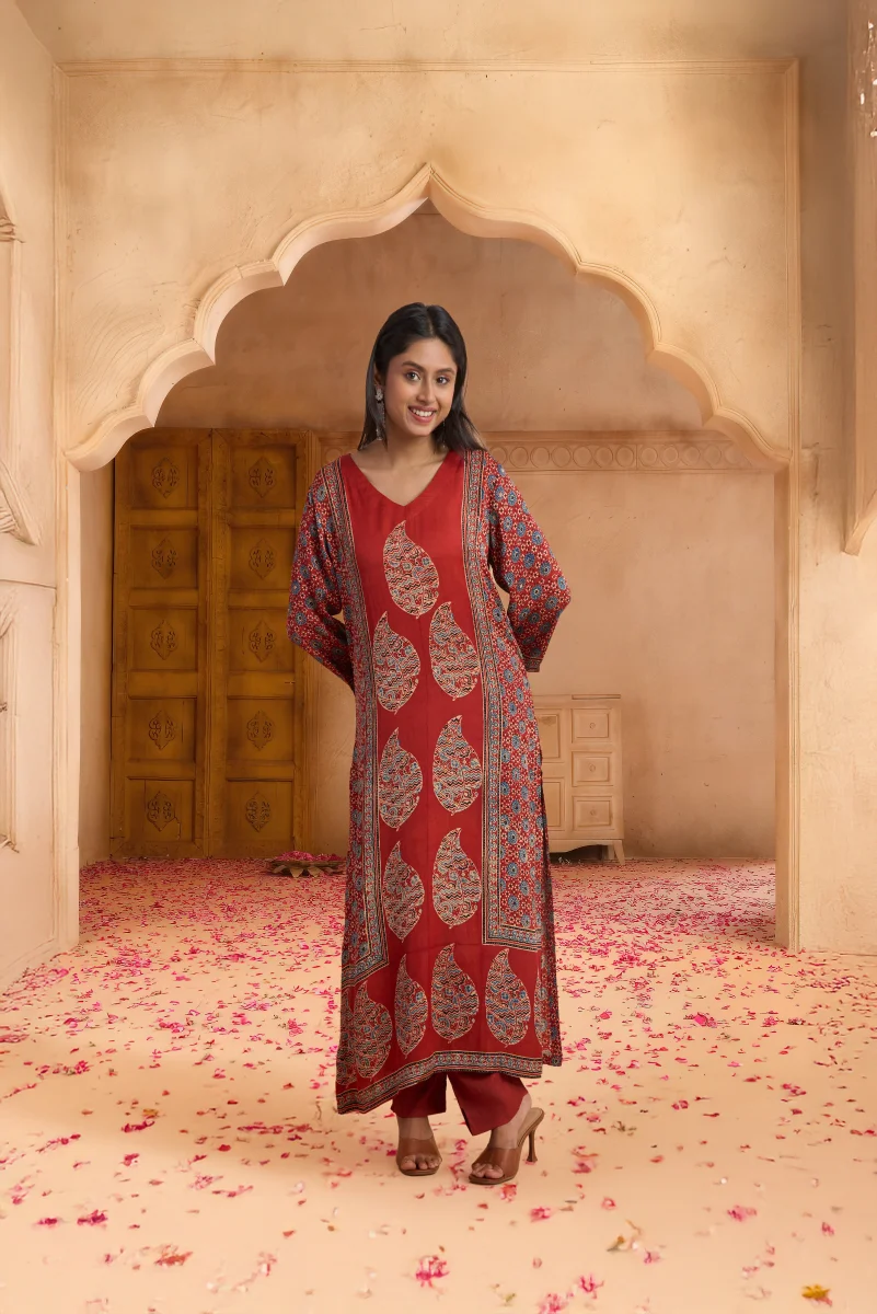 Rust Red Hand Ajrakh Placement Print Kurta Set in Modal Satin