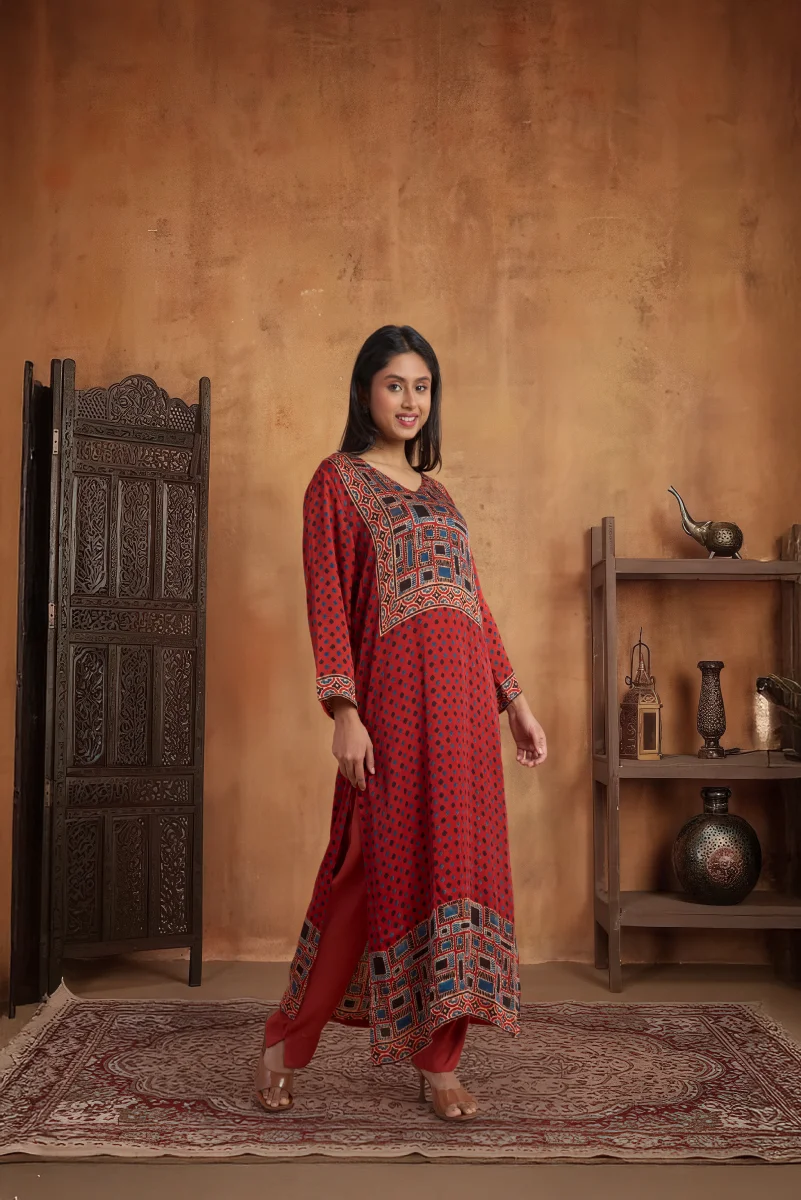 Rust Red Hand Ajrakh Placement Print Kurta Set in Modal Satin