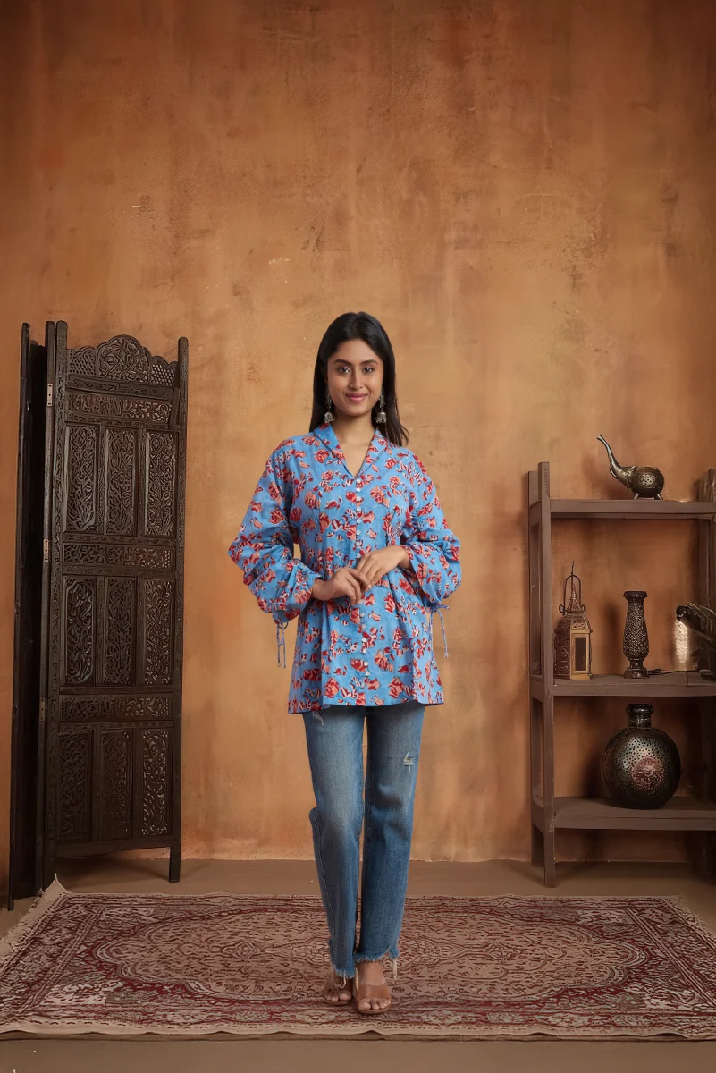 Sky Bloom Hand Block Print Cotton Top