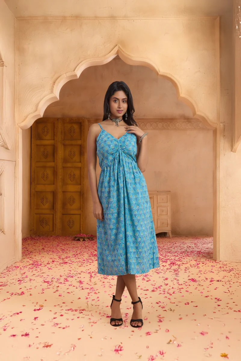 Azure Bloom Hand Block Print Cotton Dress