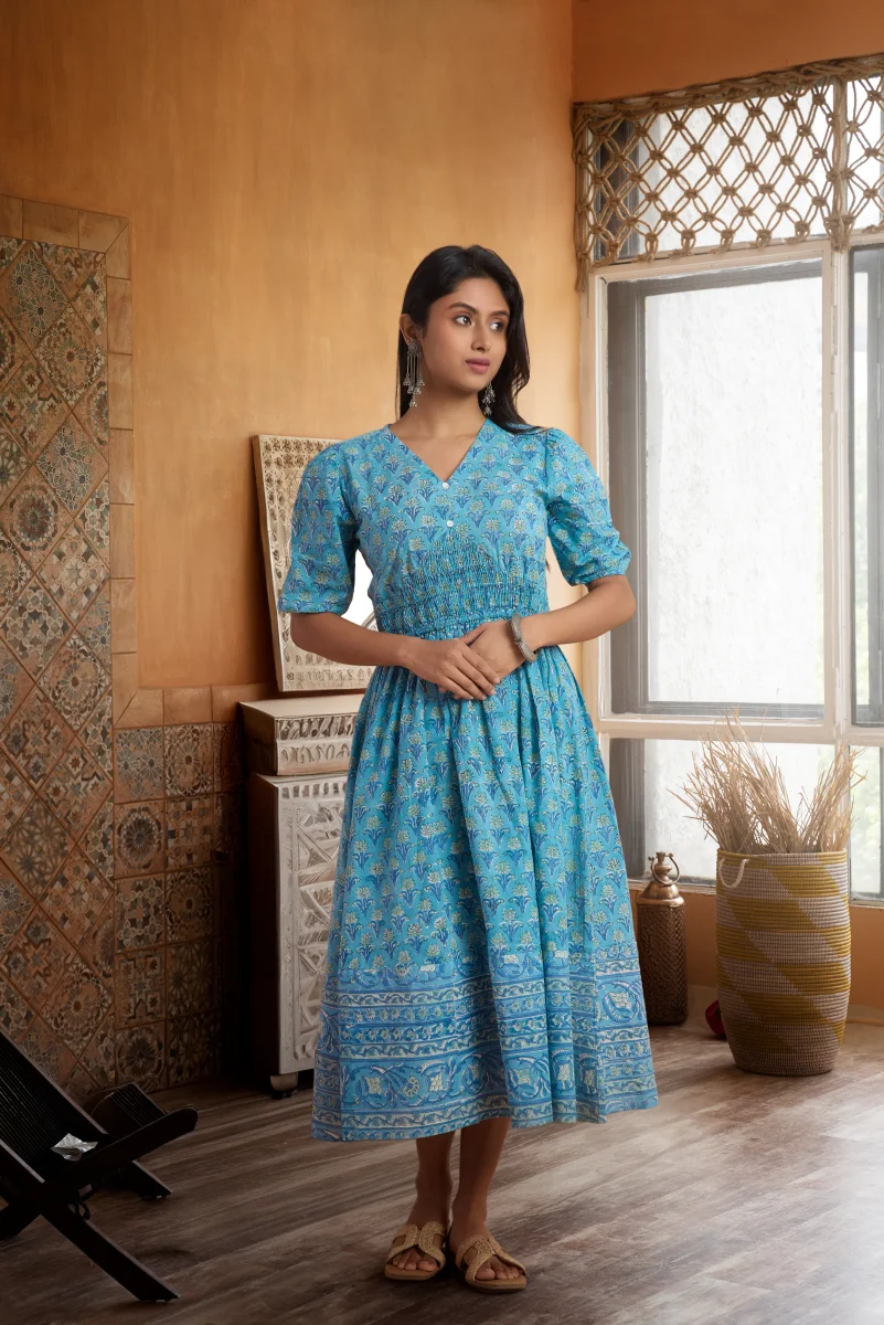 Blue Meadow Hand Block Print Cotton Dress