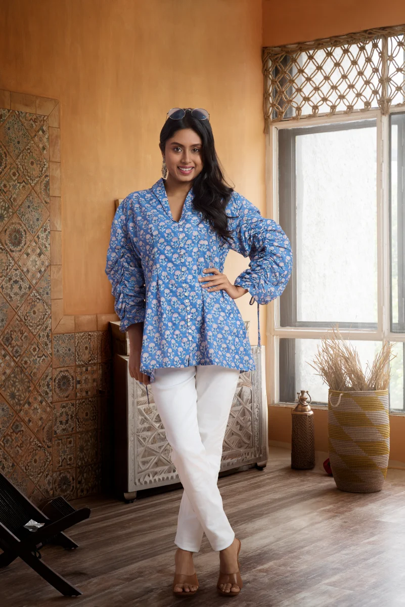 Blue Blossom Hand Block Print Cotton Top