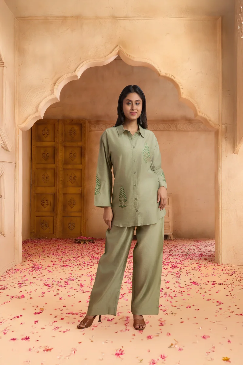 Sage Aura Hand Block Print Chanderi Co-ord Set