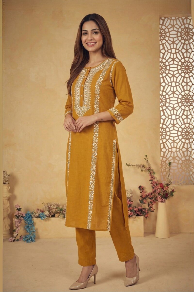 Mustard Zariya Hand Chikankari Cotton Slub Kurta Set