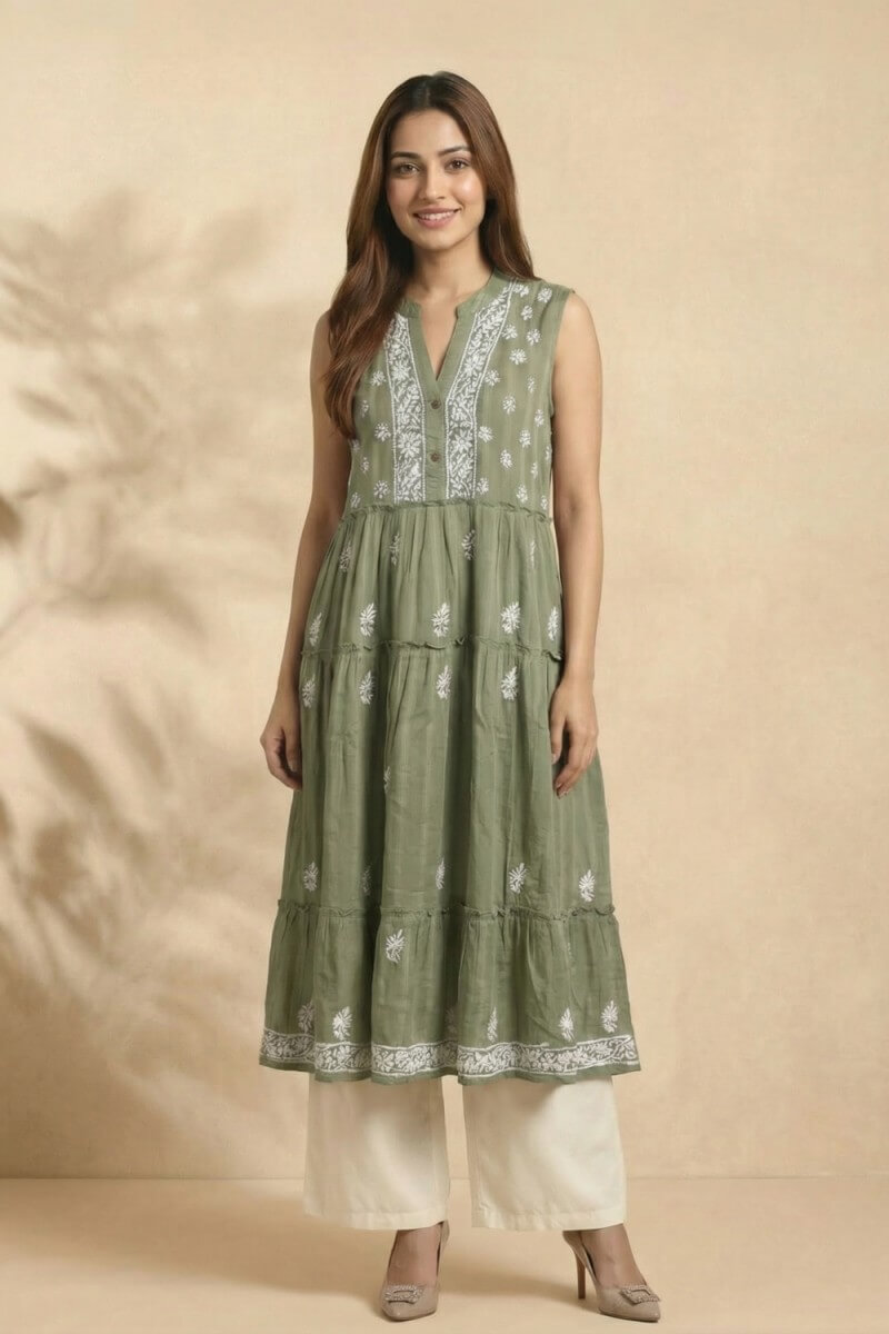 Olive Whisper Hand Chikankari Cotton Dobby Kurta