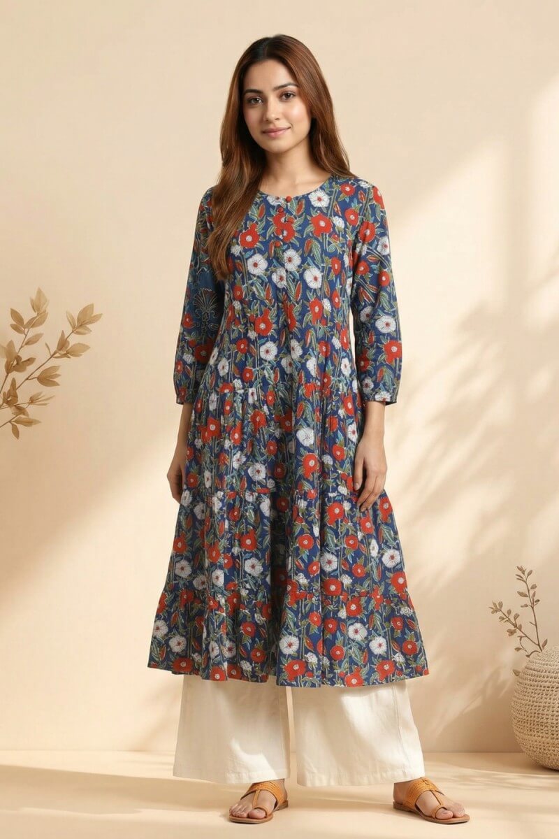 Midnight Bloom Hand Block Cotton Kurta