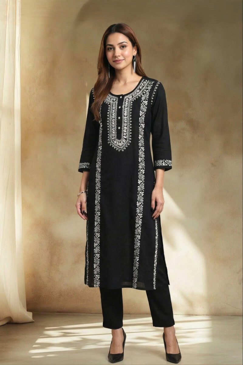 Noir Elegance Hand Chikankari Cotton Kurta Set