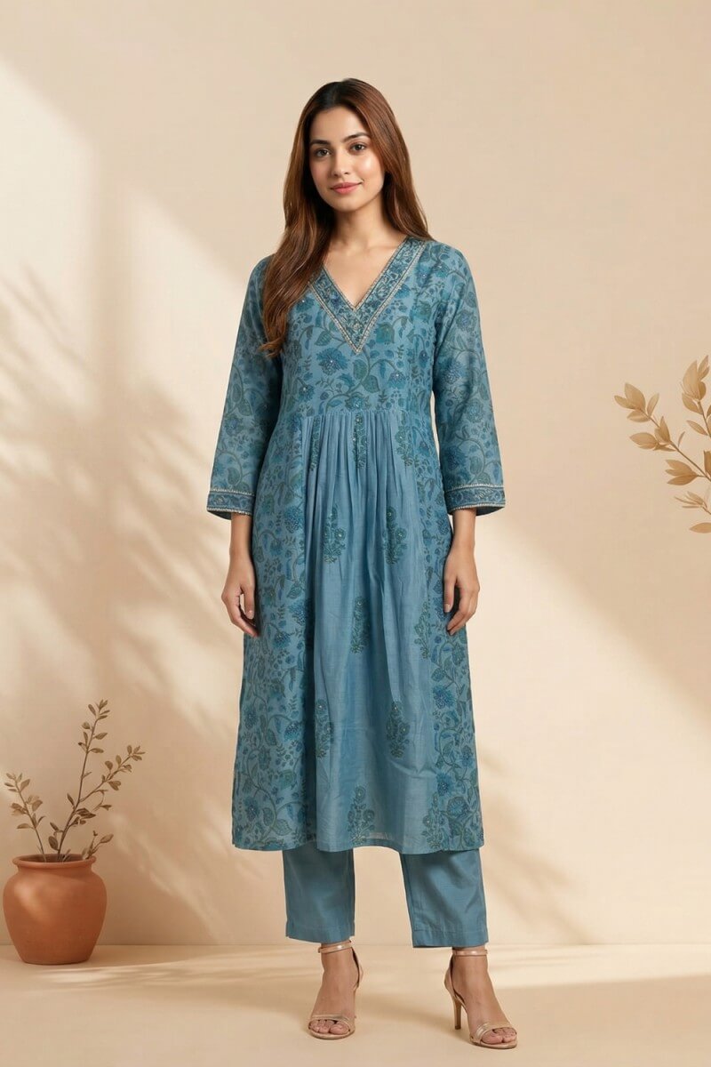 Azure Bloom Handcrafted Chanderi Co-ord Set