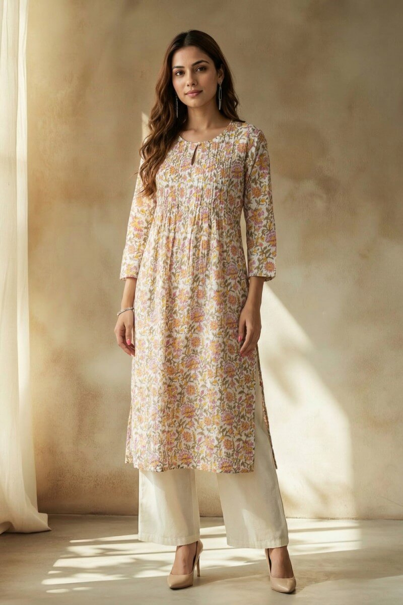Blush Meadow Hand Block Cotton Kurta