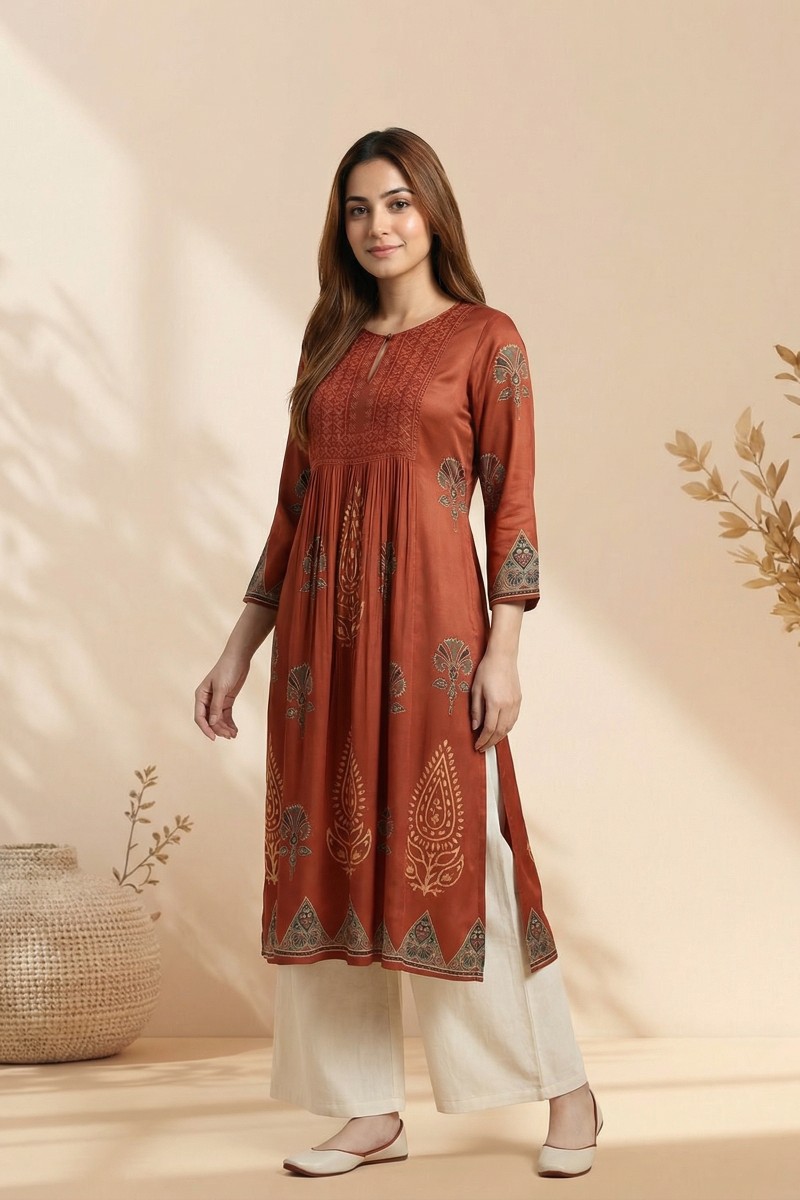 Rust Veera Ajrakh Embroidered Modal Kurta