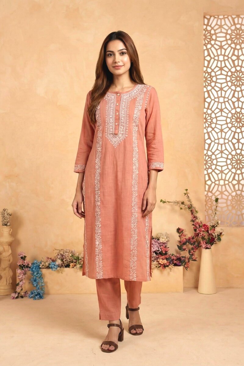 Peach Noor Hand Chikankari Cotton Slub Kurta Set
